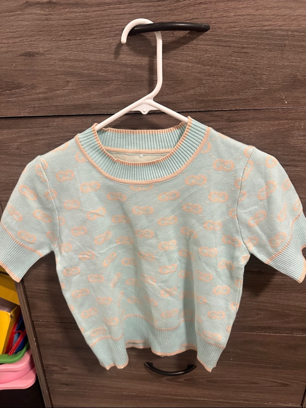 Light Blue Knit Short-Sleeve Top with Peach Accents size S
